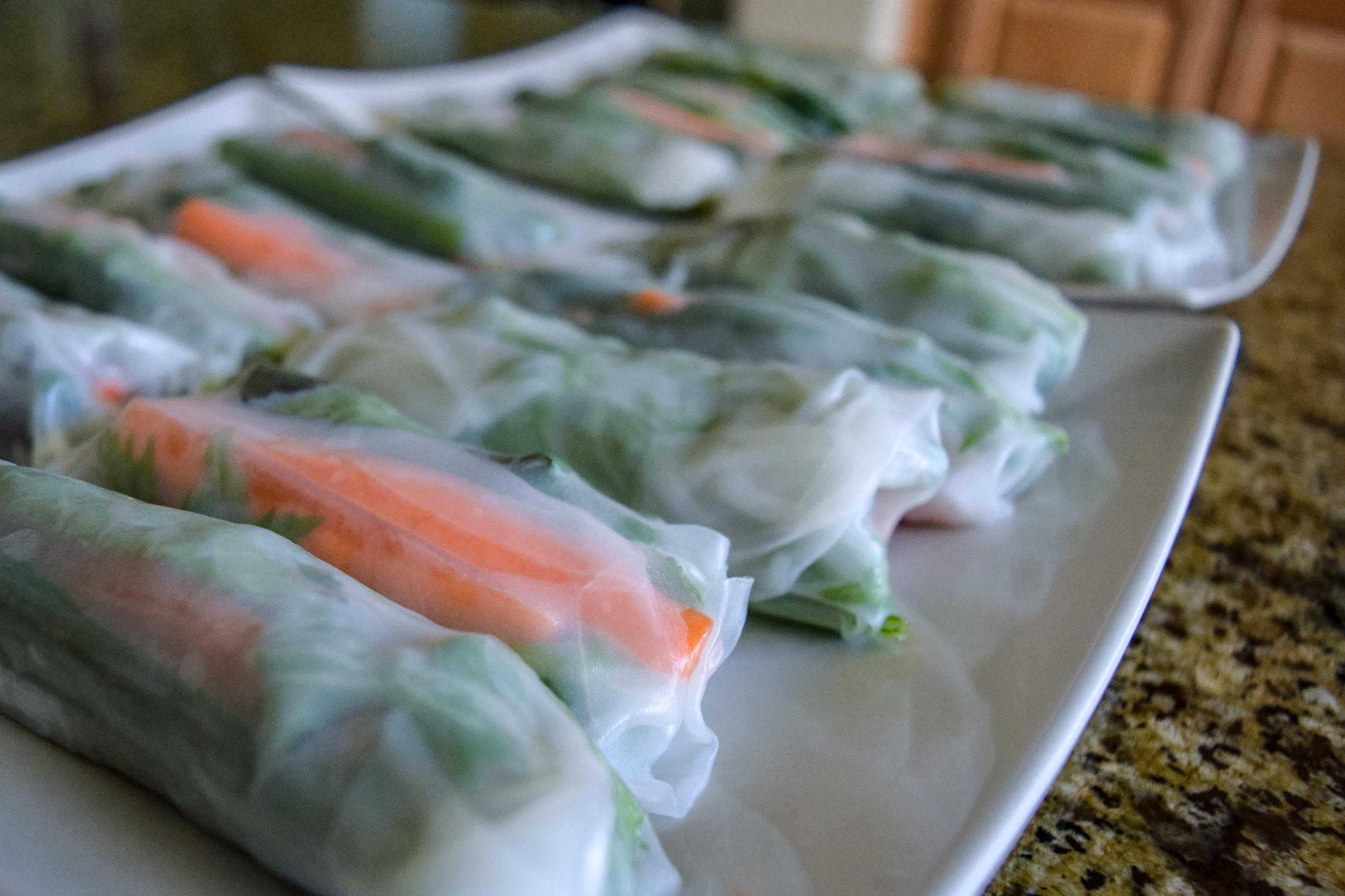 Veggie spring rolls on trays from angle