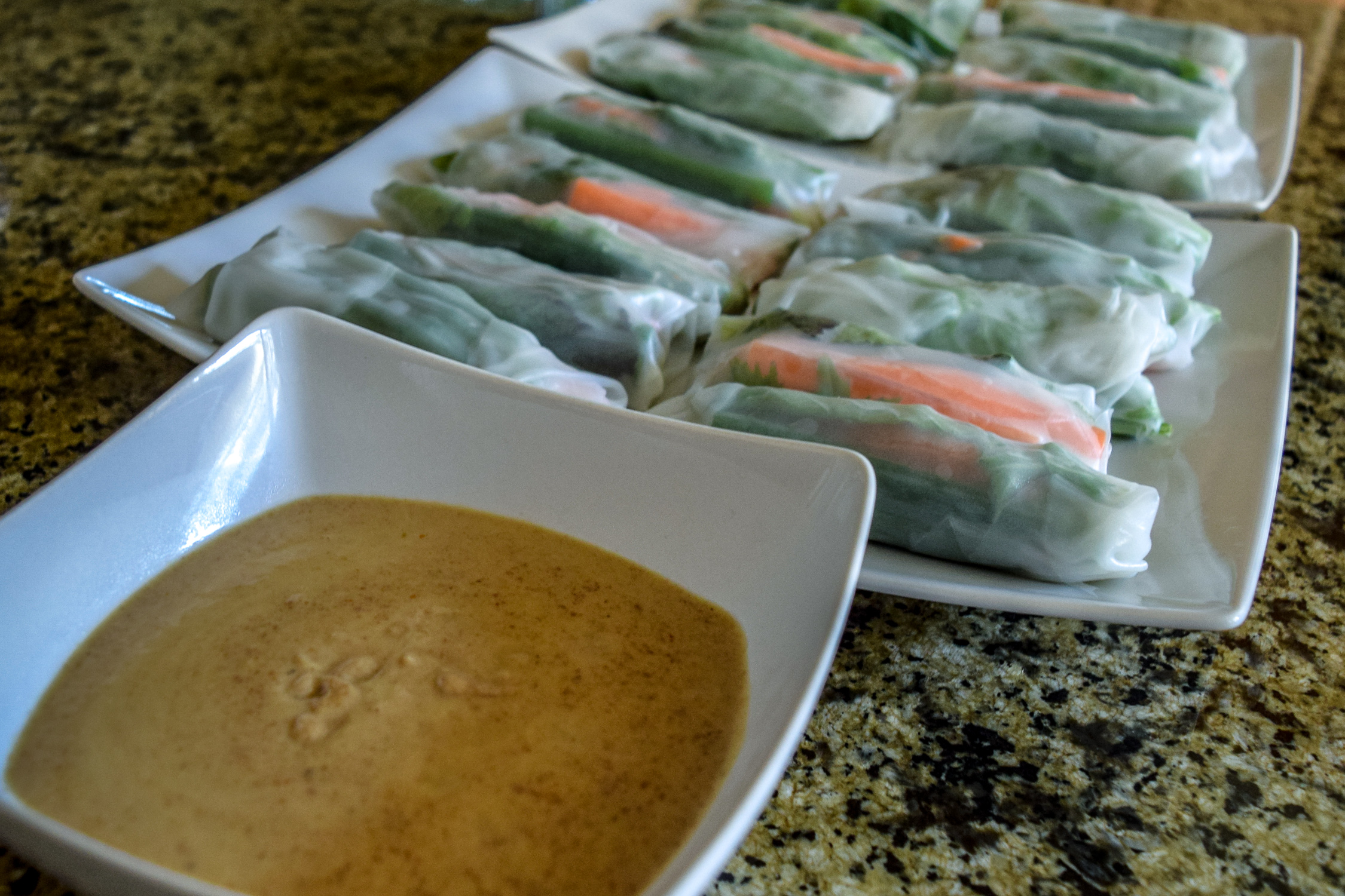 Finished veggie spring rolls and peanut sauce from angle
