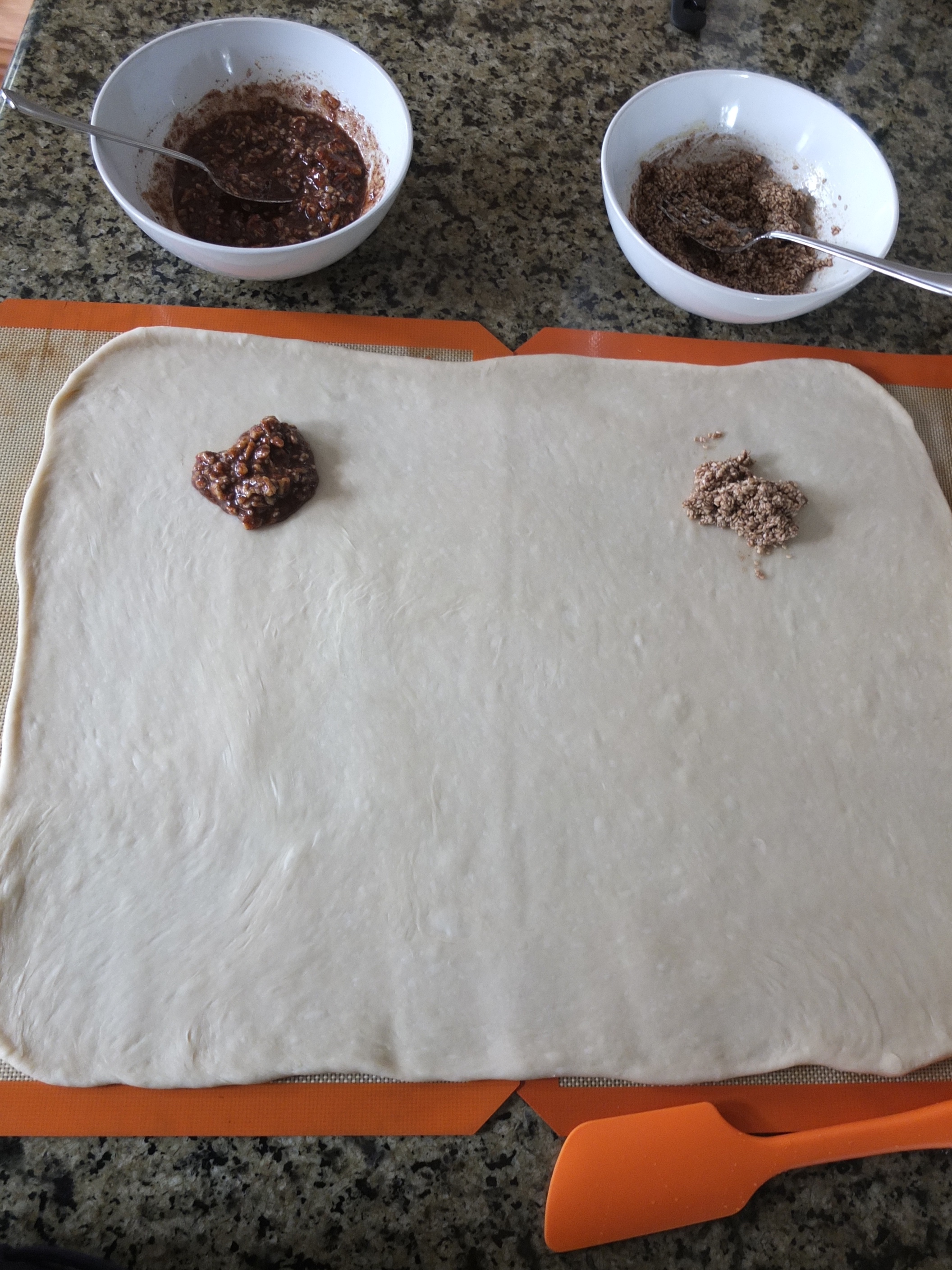 Rolled out dough before fillings for Sesame and Pecan Schnecken Rolls with Orange Glaze