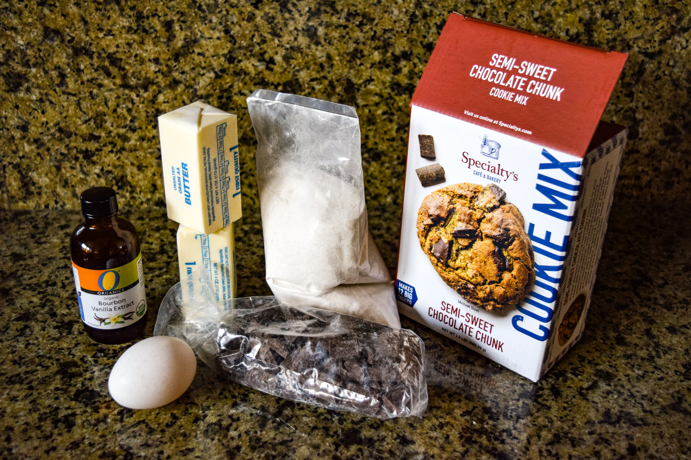 Specialty's Semi-Sweet Chocolate Chunk Cookie ingredients with mix unboxed