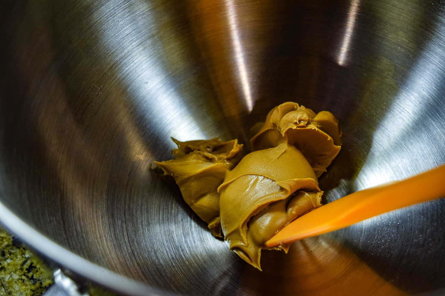 Peanut butter in KitchenAid Mixer bowl up close