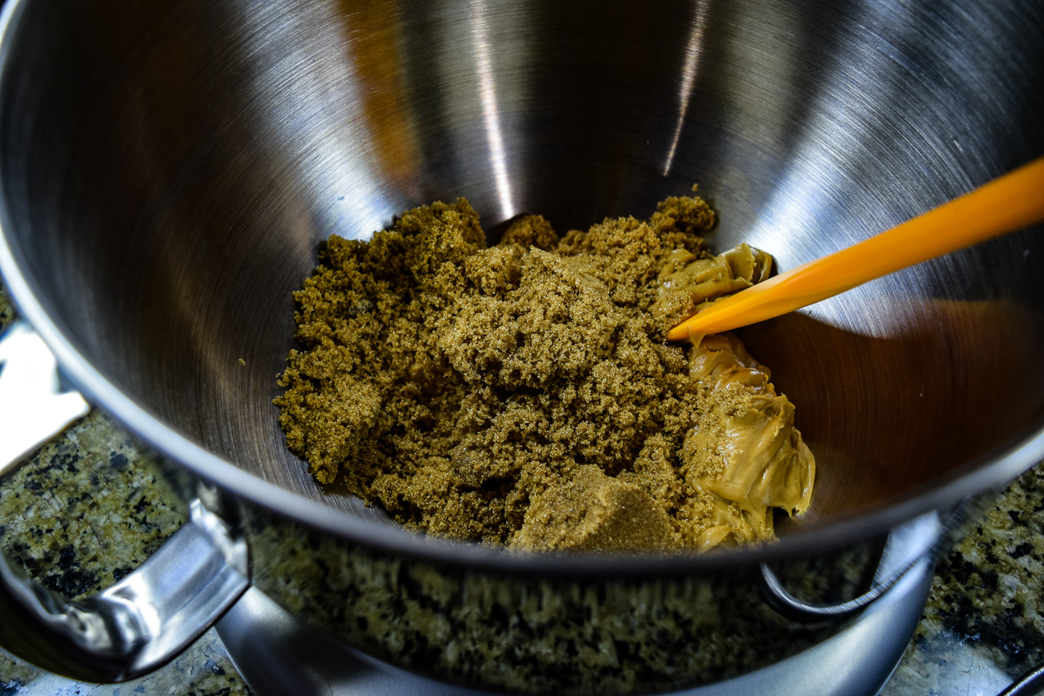 Peanut butter and brown sugar in KitchenAid Mixer bowl up close