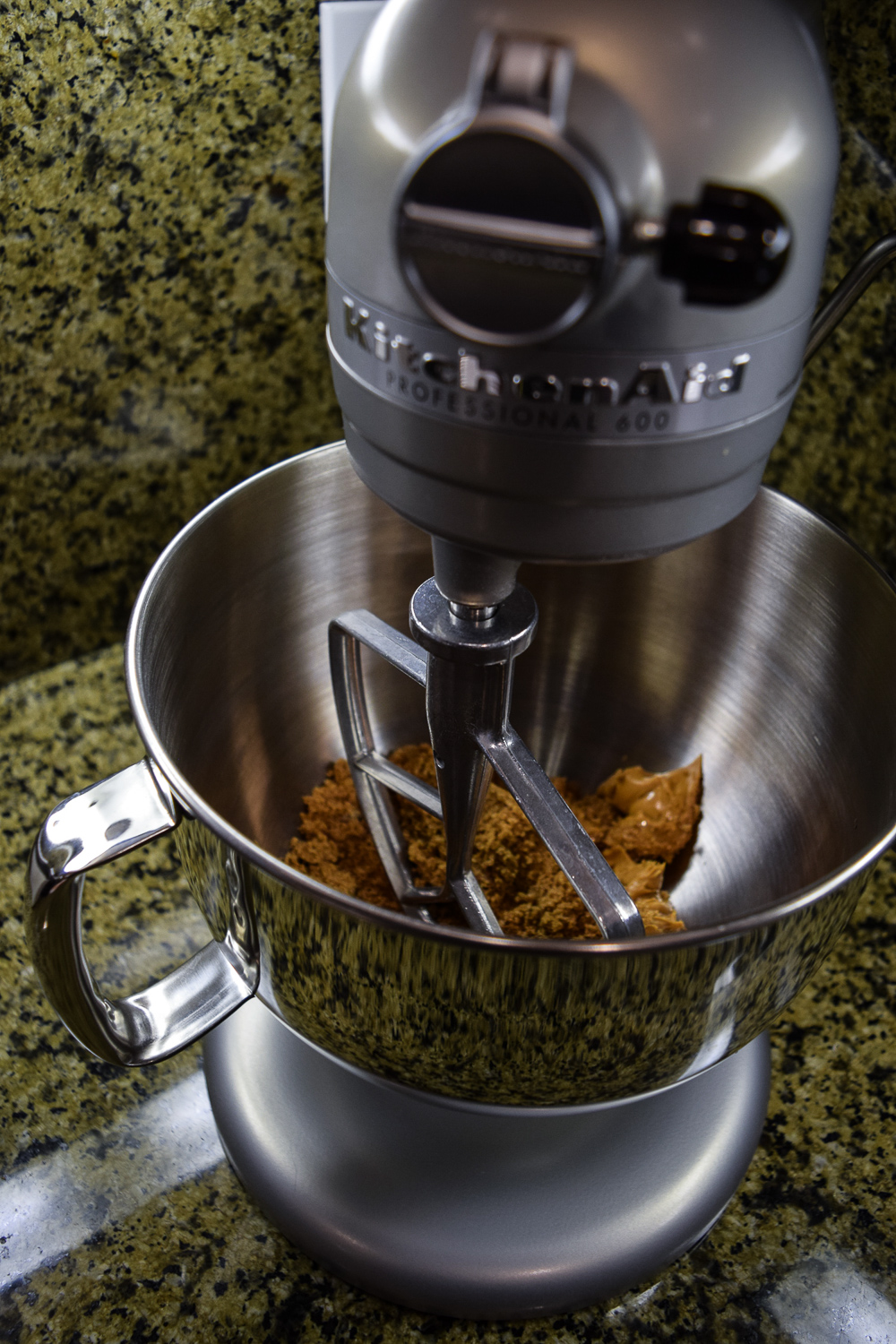 Peanut butter and brown sugar in KitchenAid Mixer bowl