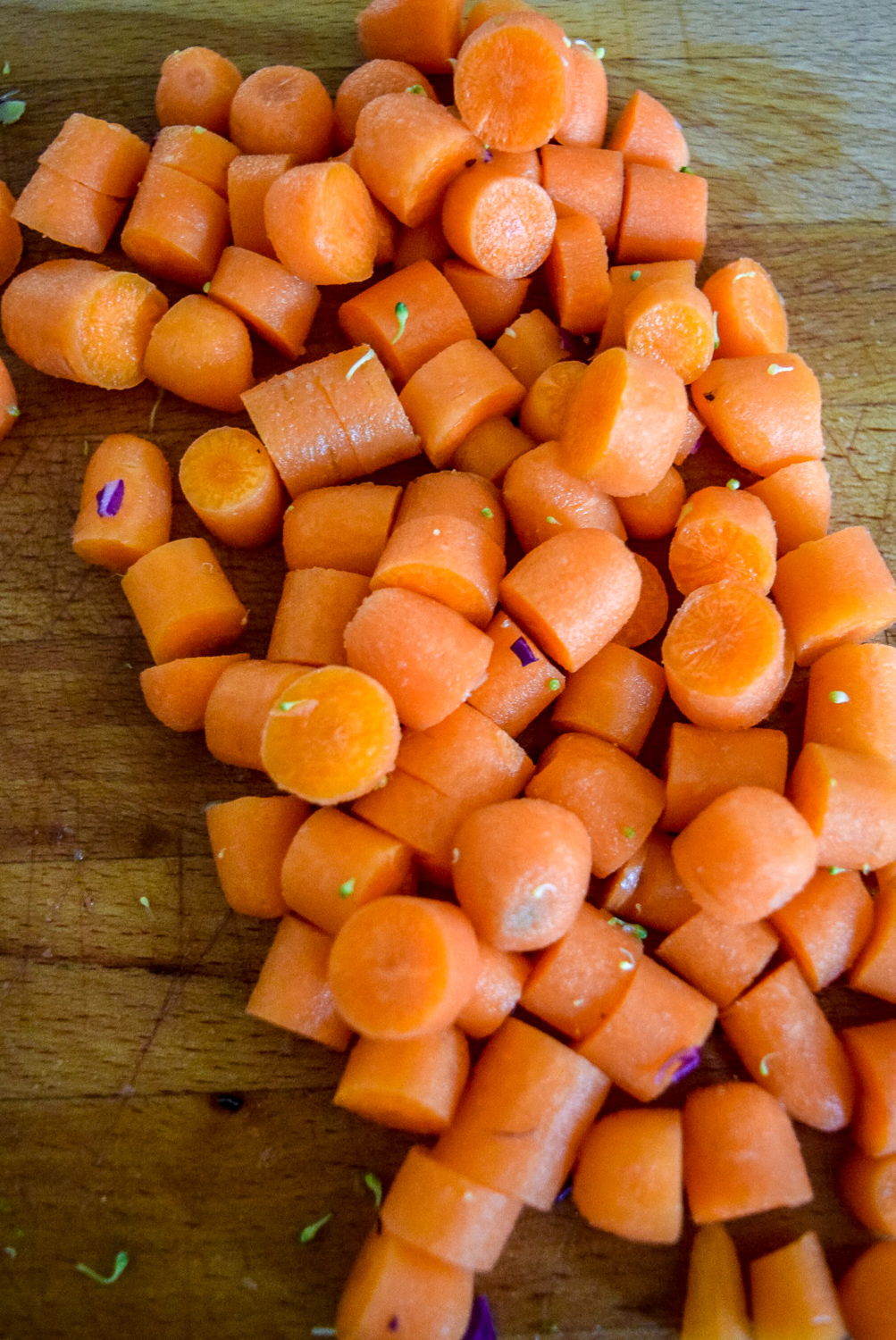 Chopped carrots for Sunshine Spicy Mustard Tahini Cruciferous Slaw