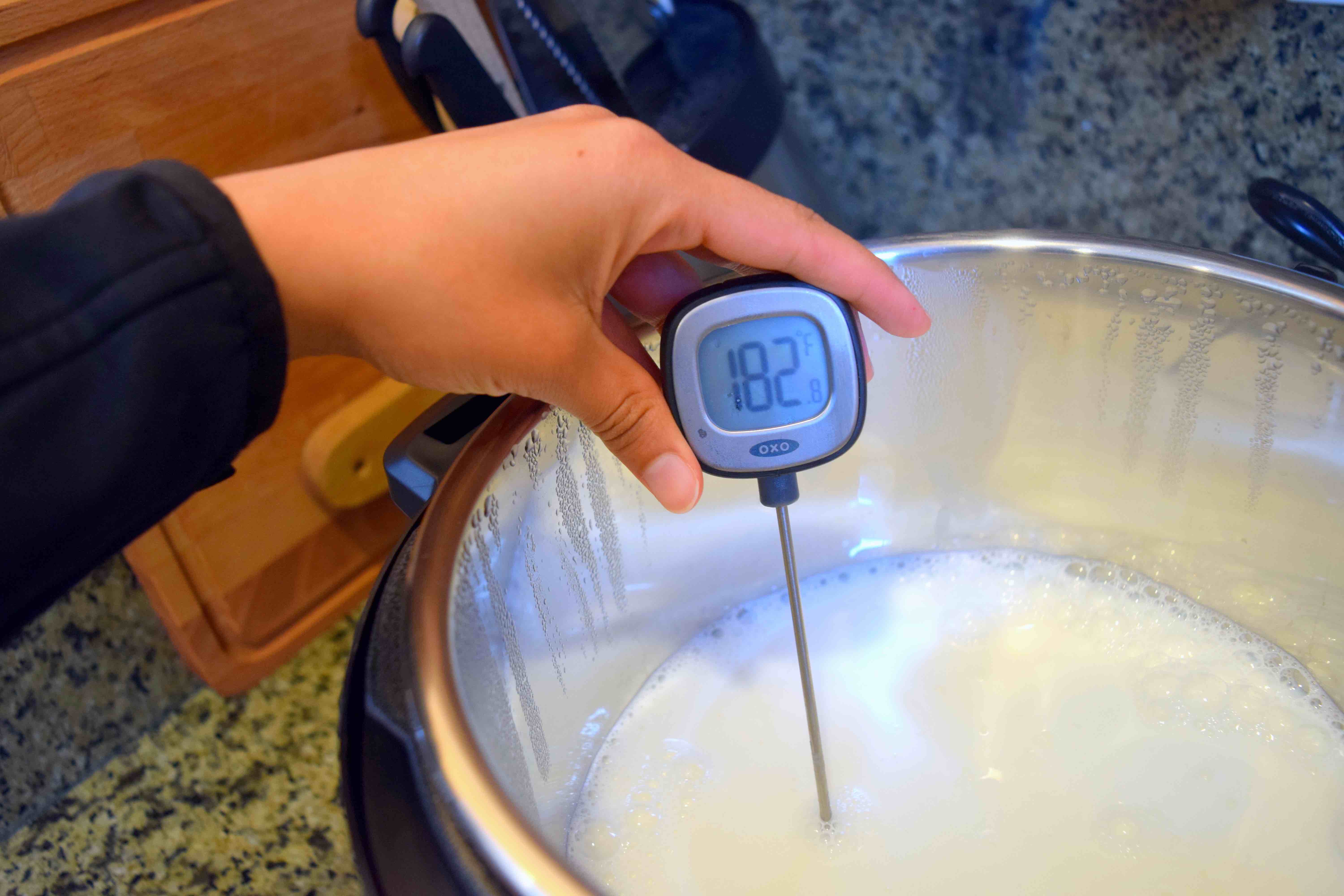 Heating up the milk for Homemade Instant Pot Ricotta Cheese