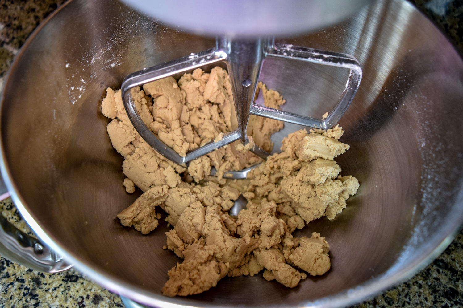Shortbread dough in KitchenAid mixer for Spicy Mexican Hot-Chocolate Ganache Tart up close