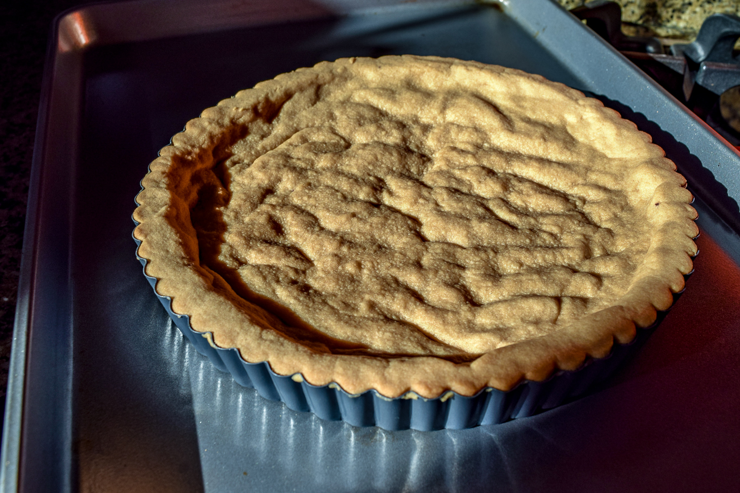 Blind baked shortbread crust for Spicy Mexican Hot-Chocolate Ganache Tart