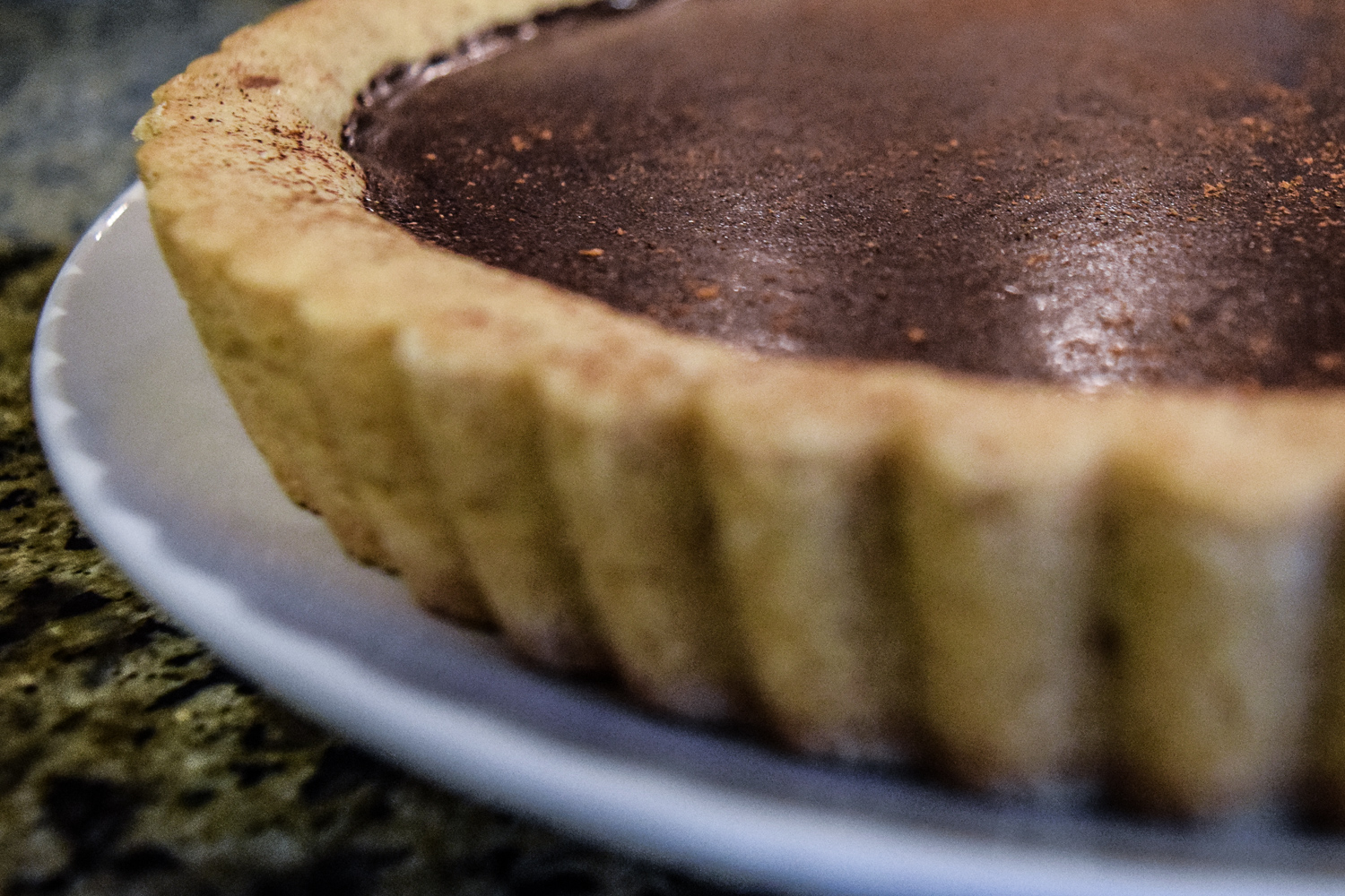 Finished Spicy Mexican Hot-Chocolate Ganache Tart from side up close