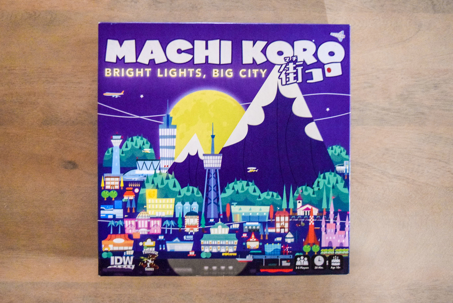 Machi Koro: Bright Lights, Big City box from the top