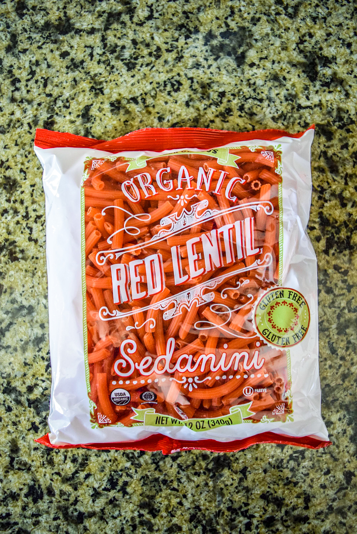 Trader Giotto’s Organic Red Lentil Sedanini Pasta in Trader Joe's packaging bag