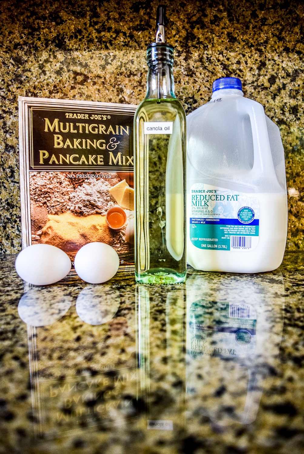 Ingredients for Multigrain Pancakes: Trader Joe's Multigrain Baking & Pancake Mix, Milk, Canola Oil, and Eggs
