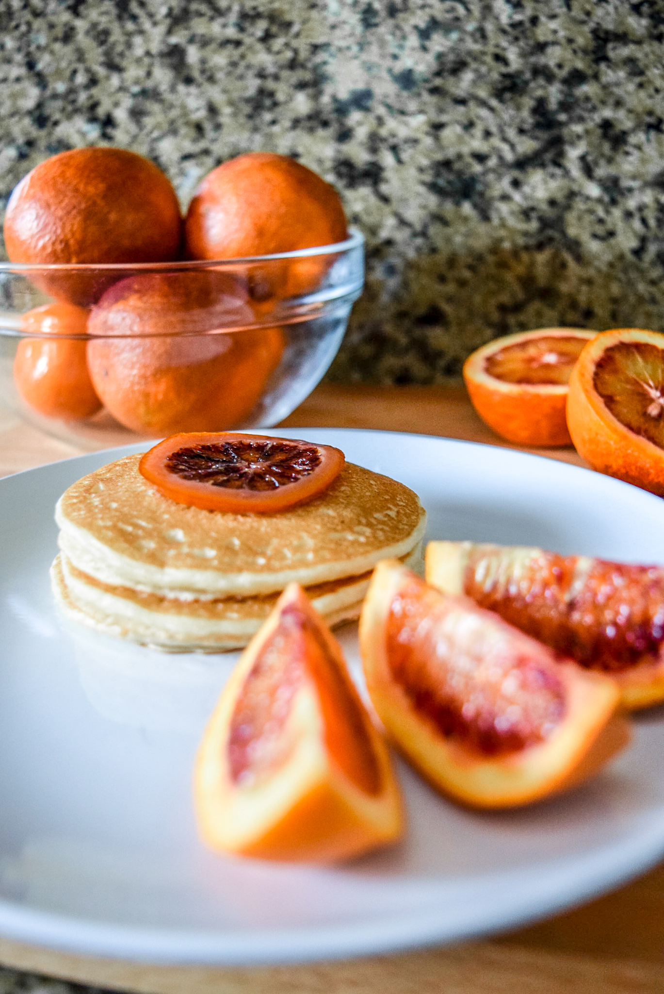 Trader Joe’s frozen pancakes with blood orange slices and candied blood orange round garnish from front